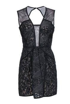 Current Boutique-BCBG Max Azria - Black Sheer Lace Mini Dress w/ Nude Lining Sz 12 Black Dress With Lace Bodice, Black Lace Dress With Lace Closure For Summer, Black Lace Dress For Date Night, Elegant Black Lace Dress For Night Out, Elegant Black Lace Dress For Date Night, Black Lace Dress For Summer Night Out, Black Lace Summer Dress For Night Out, Elegant Sheer Lace Dress For Date Night, Sleeveless Dress With Lace Closure For Night Out