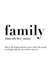 the word family written in black and white on a white background with text below it