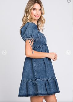 Babydoll style Medium blue denim Sweetheart neckline Cinched puff sleeves Stretch denim mini dress with sweetheart neckline, puffed short sleeves with an elastic tie, smocked in the back, and tiered at the bottom. standard, stretch, denim, mini dress, short dress, casual dress, dress, sweetheart neck, puff sleeve, short sleeve, elastic tie, smocking, tiered, comfortable, daily wear, outfit of the day, ootd Short Dress Casual, Denim Dress Summer, Dress With Sweetheart Neckline, Fall Winter Jacket, Fam Pics, Babydoll Style, Fall Denim, Denim Mini Dress, Black Long Sleeve Dress