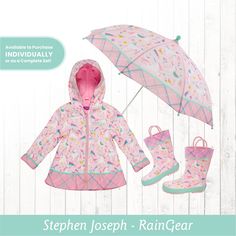 "KIDS UNICORN RAIN GEAR Get your little ones ready for the weather with matching raincoats, rain boots, and umbrellas. These super cute raincoats come in a variety of colorful designs for both girls and boys. We will personalize your child's raincoat with their name, embroidered in the thread color & font of your choice. See customization options in the photos above.    RAINCOAT DETAILS > * Waterproof        * Soft polyurethane outer shell          * Lightweight cotton lining              * Durable zipper * Adjustable cuffs * Machine washable RAIN BOOTS DETAILS > * Waterproof Exterior: 100% rubber           * Lining: 100% polyester   * Removable insole            * Non-slip sole HOW TO ORDER > 1. From the 1st drop-down menu: \"Product & Size\" Select the rain gear item desired in the size Playful Winter Raincoat For Playtime, Playful Winter Playtime Raincoat, Pink Weatherproof Raincoat, Playful Raincoat For Spring Playtime, Playful Spring Raincoat For Playtime, Playful Winter Raincoat, Playful Waterproof Raincoat For Rainy Weather, Pink Raincoat For Rainy Season Outdoor Use, Pink Raincoat For Outdoor Use In Rainy Season