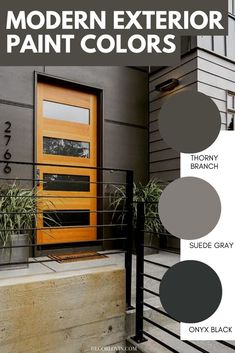 an exterior paint color scheme with the words modern exterior paint colors in black, grey and yellow