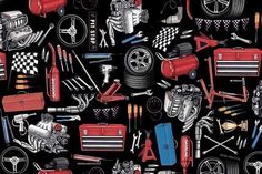 a black background with red and white car parts on it, as well as tools