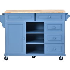 a blue kitchen island with drawers on wheels