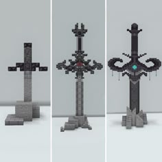 three different views of a cross made out of lego blocks, each with an evil symbol on it