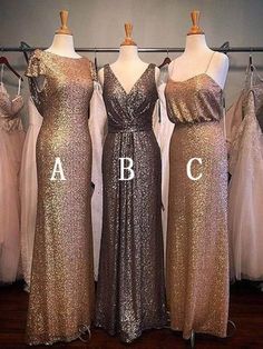 three bridesmaid dresses on mannequins with the letters abc and c