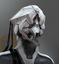 a futuristic man's head is shown in white and black with silver details on it