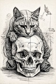 a drawing of a cat sitting on top of a human skull with its eyes closed