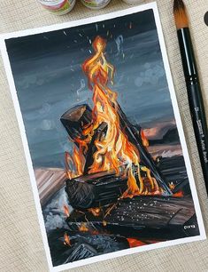 a painting of a boat on fire next to paintbrushes and watercolor paints