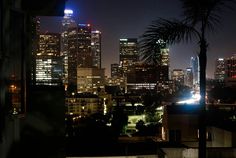 the city skyline is lit up at night with skyscrapers and palm trees in the foreground