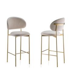 two white and gold bar stools against a white background, one with a curved back