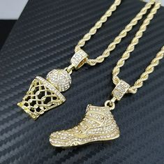 14k Gold Plated 24"Rope Chain Cz Stones 2 Necklace Set 14k Yellow Gold Iced Out Necklace, Yellow Gold Iced Out Pendant Necklaces, Yellow Gold Iced Out Pendant Necklace, 14k Gold Iced Out Necklace Gift, Basketball Necklace, Jordan Shoe, 2 Necklace, Room Makeover Inspiration, Mens Accessories Jewelry