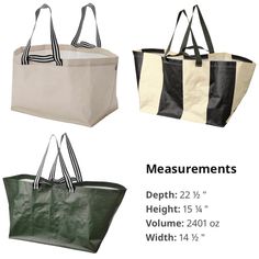 three different types of bags with measurements