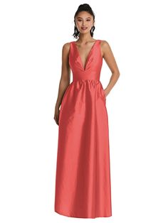 This Satiny Peau De Soie Maxi Dress With Pockets Is The Perfect Dress For A Formal Event Or Elegant Evening Soiree. A Dramatic V-neckline And Soft, Shirred Skirt Create A Bold Silhouette That's Flirty, Feminine, And Comfortable All At Once. Shown In Perfect Coral. Apricot Maxi Dress, Shirred Skirt, Maxi Dress With Pockets, Infinity Dress, Skirt Maxi, Bridesmaid Style, Dress Order, Dress Measurements, Stretch Satin