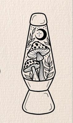 an ink drawing of a vase with mushrooms on it