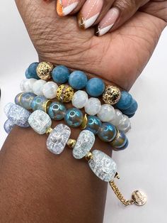 Matte Blue and Gold Beaded Bracelet Stack Set Semiprecious - Etsy Beaded Bracelet Stacks, Glass Bead Bracelet Ideas, Gemstone Stretch Bracelets, Beaded Bracelet Stack, Bead Accessories, Goddess Bracelet, Gold Beaded Bracelet, Stacking Bracelets, Leaf Bracelet