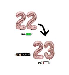 two balloons with the numbers 22 and 32 are shown in black letters, one is pink