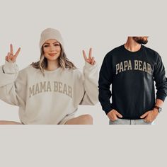 FREE SHIPPING IN THE US! No order minimum!  Mom and Dad Sweatshirts, Mama Bear Shirt, Papa Bear Shirt, Gift for Mom and Dad, Gift for New Parents, Pregnancy Announcement Shirts ♥ The CREWNECK * This is a Gildan 18000 crewneck sweatshirt. * Detailed sizing information can be found in the size chart in the photos. * Printed in the USA. ♥ CARE ＊Machine wash cold, inside-out, gentle cycle ＊Wash with mild detergent and similar colors ＊Tumble dry low or hang-dry ＊Do not bleach or fabric softeners ＊Do not iron directly onto the design ＊Do not dry clean ♥ PRODUCTION & SHIPPING ＊Each sweatshirt is made to order. ＊Production time : 2-7 business days (Excluding weekends, holidays) ＊US Shipping time : 3-6 business days ＊Most US customers received the order within 5-10 days of the order date. ＊If you h Casual Relaxed Fit Sweatshirt For Family, Family Matching Graphic Print Sweatshirt, Mama Dada Baby Shirt, Mama Bear Matching Shirts, Mama Bear Papa Bear Baby Bear, Mama Bear Shirt Ideas, Mama Bear Papa Bear Shirts, Mama Bear Baby Bear, Papa Bear Shirt