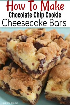 chocolate chip cookie cheesecake bars on a blue plate