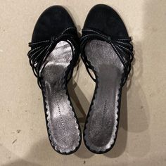 Brand New Silver Open Heel Synthetic Sandals, Casual Silver High Heel Sandals, Silver Open Toe Casual Heels, Casual Silver Open Toe Heels, Casual Low Heel Evening Sandals, Casual Low Heel Sandals For Evening, Silver Slip-on Evening Heels, Elegant Silver Wedge Heel Sandals, Casual Silver Wedge Heel Sandals