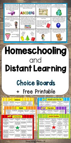 homeschooling and distant learning choice boards with free printables on them