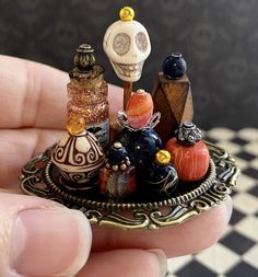 a person is holding a miniature ring with different things on it