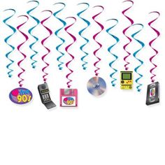 the party streamers are colorful and have various items on them, including a cell phone