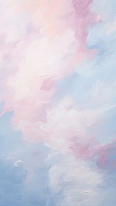 an abstract painting of pink, blue and white clouds