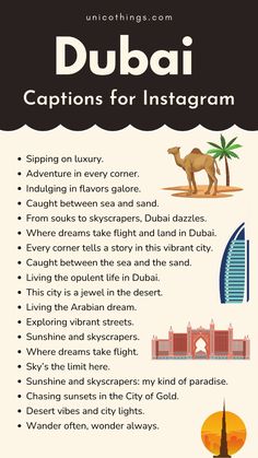 the top things to see in dubai, including camels and palm trees with captions for instagram