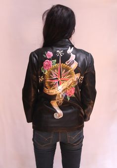 Hand Painted Leather Jacket - I know where i'm going Fall Festival Biker Jacket, Fitted Leather Jacket For Festival, Bohemian Fitted Leather Jacket For Winter, Jackets Outfit, Hand Painted Leather Jacket, Painted Leather Jacket, Embroidered Fashion, Glass Half Full, Painted Clothing