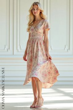 Olivia Mark - Elegant Blush Floral Wrap Midi Dress with Asymmetrical Hemline and Elastic Waistband Spring Garden Party Dress With High-low Hem, Feminine Fitted Maxi Dress With Asymmetrical Hem, Fitted Floral Print Dress With High-low Hem, Fitted Midi Dress With Floral Print And Handkerchief Hem, Flowy Pink Dress With Asymmetrical Hem, Bohemian Fitted Midi Dress With High-low Hem, Pink Fitted High-low Hem Dress, Pink Fitted Dress With High-low Hem, Fitted High-low Hem Midi Dress For Daywear