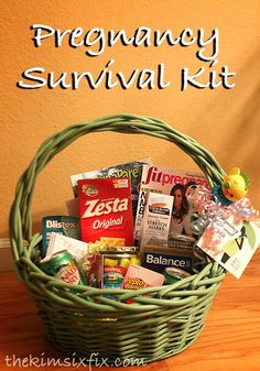 a green basket filled with snacks and candy