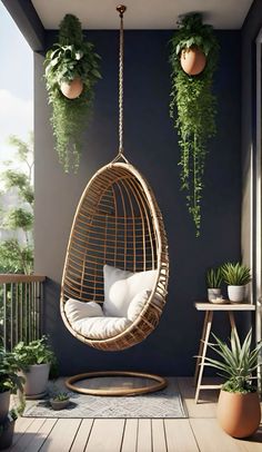 a hanging chair with plants in it on the outside patio, next to a potted plant