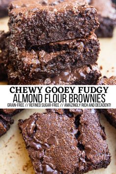 chewy gooey fudgey almond flour brownies stacked on top of each other