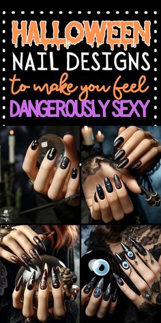 Halloween Nails With Spider Webs, Halloween Nails Trend 2024, Celestial Halloween Nails, Elegant Spooky Nails, Black Chrome Nails Halloween, Vampire Gel Nails, Spooky Nails 2024, Sophisticated Halloween Nails, Hot Halloween Nails