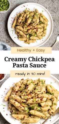 creamy chickpea pasta sauce is served on a white plate with a fork and spoon