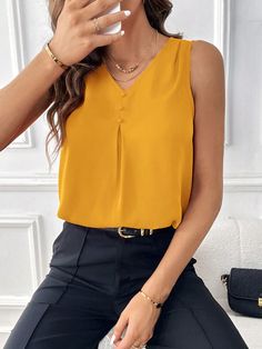 Yellow Casual Collar Sleeveless Woven Fabric Plain Top Embellished Non-Stretch  Women Clothing Fall Winter Coat, Casual Chique, Best Tank Tops, Plain Tops, Solid Tops, Blouse Styles, Sleeveless Blouse, Women Collection, Women Clothes Sale