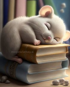 a white mouse sleeping on top of a stack of books with eyes closed and his head resting on the book