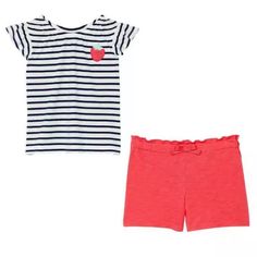 Characteristic: Color(S): Navy, Blue, Pink Set Includes: 1 Short Sleeve T-Shirt, 1 Short T-Shirt Strawberry Graphic Striped Ruffle Sleeve T-Shirt Pink Slip-On Shorts With Non-Functional Laces Made In Indonesia Content: T-Shirt: 100% Cotton Short: 100% Cotton Exclusive For Decoration Sizes: 3t | 4t | 5t Size Subject To Availability Care Instructions: Wash Before Use Turn Garment Inside Out Machine Wash Cold With Like Colors Use Only Non-Chlorine Bleach When Needed Tumble Dry Medium Hot Iron If Ne Pink Summer School Tops, Striped Short Sleeve Sets For Spring, Summer School Sets With Short Sleeves, Cute Striped Cotton Sets, Pink Cotton School Sets, Pink Short Sleeve School Sets, Pink Summer School Sets, Pink Casual Playwear Sets, Tutu Couture