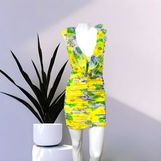 Women's Zara Multicolor Printed Tulle Bodycon Mini Dress Floral, Sleeveless, Ruffled Plunging V- Neck Line, Elastic Ruching Detail, Interior Lining Women's Size Small, The Material Has Stretch To It, Fits Like A Small/Medium. New With Tags, Never Worn! Green V-neck Bodycon Summer Dress, Yellow Mini Dress For Summer, Yellow Ruched Fitted Bodycon Dress, Yellow Fitted V-neck Bodycon Dress, Fitted Ruched Yellow Bodycon Dress, Fitted Yellow V-neck Bodycon Dress, Yellow V-neck Dress For Night Out, Summer Multicolor Ruched Bodycon Dress, Yellow Ruched Mini Dress