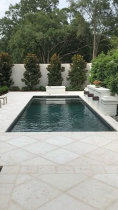 an empty pool surrounded by trees and shrubbery