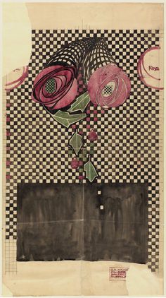 a drawing of flowers in a vase on a checkered tablecloth with black and white background