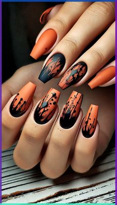 Orange Gray Nails, October Nails Halloween Ideas, Orange And Black Fall Nails, Acrylic Nail Designs For Halloween, Fall Designs For Nails Autumn, Metallic Halloween Nails, October Nails Ideas 2024, Orange Nail Art Ideas, Black And Nude Halloween Nails