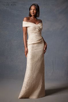 Metallic Jacquard Portrait Collar Side Drape Gown Champagne Gold Mother Of The Bride Dress, Champagne Mother Of The Bride Dresses, Neutral Mother Of The Bride Dress, Gold Mother Of The Bride Dress, Mother Of The Bride Short Hairstyles, Halter Mother Of The Bride Dresses, Mother Of The Bride Gowns, Evening Gown Wedding, Mother Of The Groom Dress