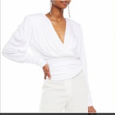 New With Tag. Top Stretch Jersey Ruched Wrap-Effect Front Shoulder Pads. Concealed Snap Fastening Along Side Stretchy Fabric . Mid Weight Fabric. Dry Clean. Made In Italy. Size 46 Fits Us8 White Stretch Ruched Blouse, Ruched Draped Top In Elastane, White Draped Fitted Blouse, White Fitted Draped Top, Luxury White Draped Blouse, Off Shoulder Ruffle Top, Printed Chiffon Blouse, Peasant Shirt, Tiered Blouse