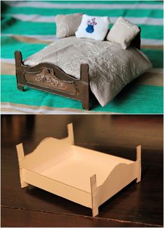 two pictures one with a doll bed and the other with a tray on top of it