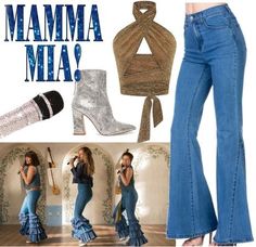 a woman in high rise jeans and heels with the words mamma mia on it