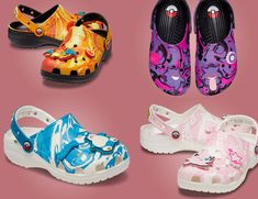 four pairs of children's clogs with different designs and colors on them