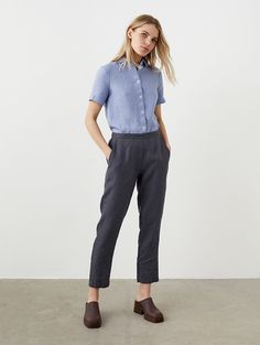 "Tapered and cropped linen pants with pockets. Their precise clean front would appeal to women who do not want to show a gathered waistline. A perfect pick for an office outfit as well as casual activities.  STYLE DETAILS * Regular fit * Tapered pants * Ankle length (cropped)  * 2 slant pockets * Elastic waist at the back * Hidden side zipper * Made from medium linen SIZES & COLORS IN PICTURES * Model 1 wears size S/M in color Dark Grey. She is 176 cm (5'9\"). Bust - 83 cm (33\"), waist - 60 cm (24\"), hips - 89 cm (35\").  * Model 2 wears size S in color Beige. She is 176 cm (5'9\"). Bust - 82 cm (32\"), waist - 64 cm (25\"), hips - 88 cm (35\"). NOTES ON SIZING & COLORS * Please note that linen shrinkage during the softening process cannot be predicted precisely. Therefore, each piece in Linen Pants For Women, Loose Linen Pants, Cropped Linen Trousers, Linen Shirts Women, Business Casual Work, Cropped Linen Pants, Womens Trousers, Boho Pants, Pants With Pockets