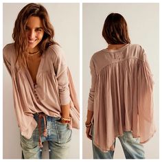 Nwt Free People Lyrical Oversized Tunic Top In Etherea Dusty Pink Size Xs New With Tags Just As Effortless As It Is Essential, This Goes-With-Anything Tunic From Free People Features A Button-Front Neckline With Ribbed Knit Sleeves And A Contrast Sheer Bodice For Added Dimension. Product Details Pullover Henley Neck Long Drop Shoulder Sleeves Bohemian Oversized V-neck Top, Flowy Long Sleeve Tops With A Free-spirited Style, Bohemian V-neck Tops For Layering, Billowy Long Sleeve Bohemian Tops, Free-spirited Long Sleeve Tops For Fall, Oversized Blouse For Fall Vacation, Oversized Blouse For Vacation In Fall, Casual Billowy V-neck Tops, Bohemian Relaxed Fit Top For Layering