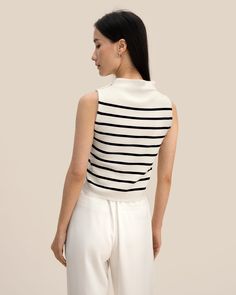 90% Mulberry silk +10% Nylon Mockneck, sleeveless Slim Fit Stay cool and stylish this summer with our casual style, high neck fit sailor style stripes silk knitted shirt that go-with-everything. This stretchable top have a line of buttons on one side of the shoulder for a unique look. Pair this top with shorts or wide-leg pants for a cool and fashionable look. Can be worn for different occasions. Strip Sweater, Top With Shorts, Knitted Shirt, Silk Clothes, Silk Nightwear, Sailor Style, Sailor Fashion, Silk Knit, Sweater Crop